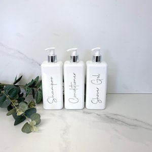 Personalisierte weißes Quadrat 500ml Plastikflasche mit Pumpe / wiederverwendbar, nachfüllbar / Badezimmer / Shampoo, Conditioner, Körperwäsche etc