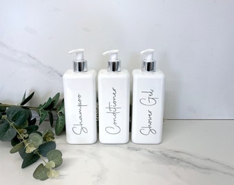 Botella de plástico cuadrada blanca personalizada de 500 ml con bomba / Reutilizable, rellenable / Baño / Champú, acondicionador, gel de baño, etc.