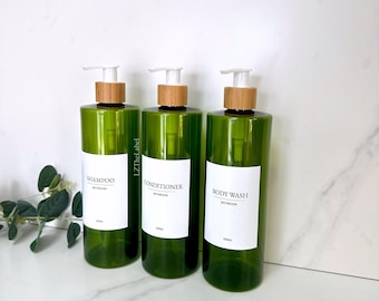 Personalised White Label Translucent Green Tubular 500ml Plastic Bottle with Pump / Reusable, Refillable, Bathroom, Shampoo, Conditioner etc