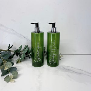 Personalised Translucent Green Tubular 500ml Plastic Bottle With Pump / Reusable, Refillable / Bathroom, Shampoo, Conditioner, Body Wash etc