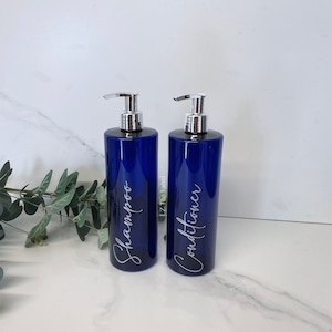 Personalised Translucent Blue Tubular 500ml Plastic Bottle With Pump / Reusable, Refillable / Bathroom / Shampoo, Conditioner, Body Wash etc