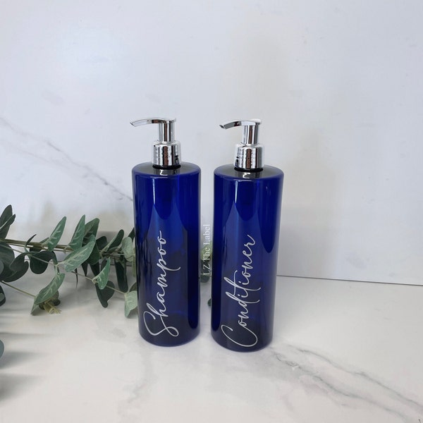 Personalised Translucent Cobalt Blue 500ml Plastic Bottle With Pump / Reusable, Refillable / Bathroom / Shampoo, Conditioner, Body Wash etc