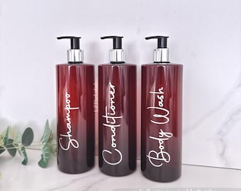 Personalised Translucent Amber Tubular 500ml Plastic Bottle With Pump / Reusable, Refillable / Bathroom, Shampoo, Conditioner, Body Wash etc