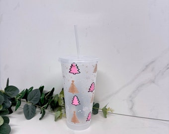 Christmas Pink Tree Starbucks Style 24oz 710ml Cold Cup with Straw & Lid / Tumbler / Reusable / Refillable / Choice of Cup/Lid / Gift
