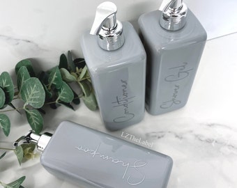 Personalisierte graue quadratische 500ml Plastikflasche mit Pumpe / wiederverwendbar, nachfüllbar / Badezimmer / Shampoo, Conditioner, Körperwäsche usw