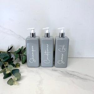 Personalised Grey Square 500ml Plastic Bottle With Pump / Reusable, Refillable / Bathroom /  Shampoo, Conditioner, Body Wash etc