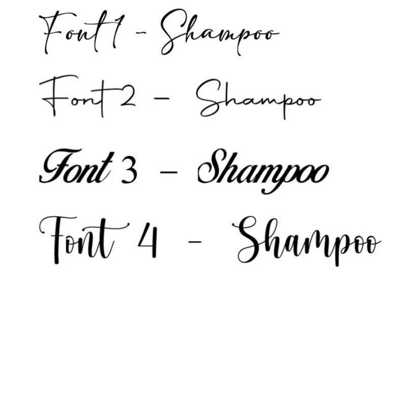 K&ouml;nnte beinhalten: Vier verschiedene Schriftarten des Wortes "Shampoo" in schwarzer Kursivschrift.