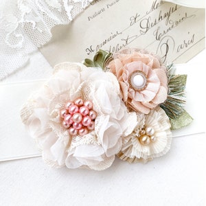 Satin Wedding Dress Belt with Handmade Fabric Flowers and Vintage Jewels