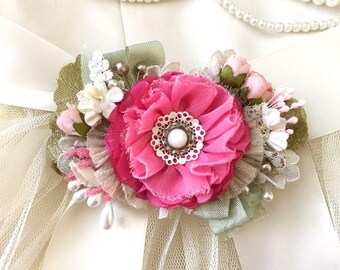 Wedding Dress Belt - Bridal Sash with Pink Flower - Flower Girl Sash - Floral Bridal Accessories - Hot Pink Fabric Flower