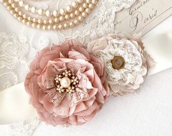 Wedding Dress Belt With Vintage Pearls, Pink and White Silk  display picture 3