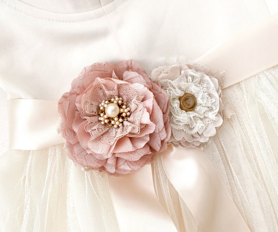 Wedding Dress Belt With Vintage Pearls, Pink and White Silk 