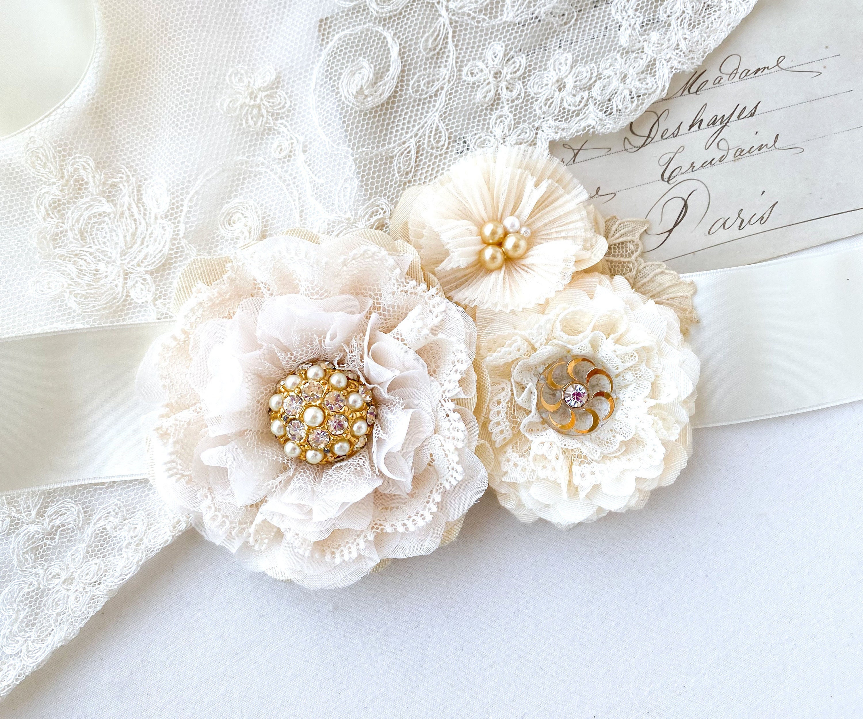Untamed Petals wedding belt with ivory ribbon Ivory Lace Wedding Dress Belt: Beaded Flower Sash With Tulle  main image 2