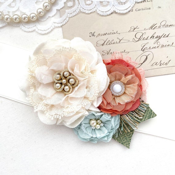Floral Wedding Dress Belt: Vintage Lace, Pearl Sash, Mint  display picture 1