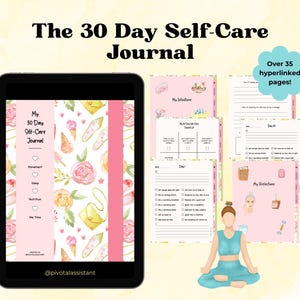 Può includere: Un tablet digitale che mostra un diario di auto-cura rosa e bianco con illustrazioni floreali. Il diario include sezioni per il movimento, il sonno, la nutrizione e il tempo per sé. Il testo sullo schermo recita "My 30 Day Self-Care Journal".