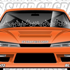 May include: Orange car with a black front bumper and a white flame decal on the windshield. The car has a black "BLITZ" logo on each side of the bumper. The text "GY GRAPHICS SHOP" is printed on the front of the car.