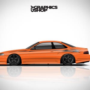 May include: A side profile illustration of a bright orange two-door coupe car with black five-spoke wheels and dark grey tribal-style decals on the rear quarter panel. The text GRAPHICS USHOP is positioned above the car in black lettering.