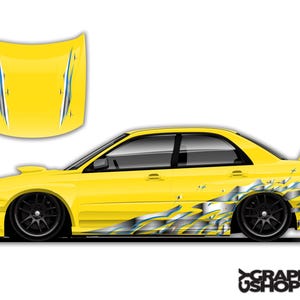 May include: A bright yellow car with black rims and a matching hood. The car features a graphic design of blue and silver streaks along the side and hood. The image includes the text "GRAPHICS USHOP" in the bottom right corner.