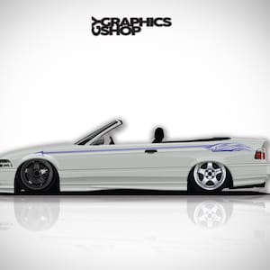 May include: A white convertible car illustration with a low profile, dark wheels, and blue side decals. The text Graphics Ushop is positioned above the vehicle. The car features a sleek body design, a black interior, and a reflective surface below.
