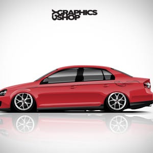 May include: A side profile illustration of a lowered red sedan with silver multi-spoke wheels and dark tinted windows. The car features a black graphic decal on the rear quarter panel. The text GRAPHICS USHOP is displayed at the top center.