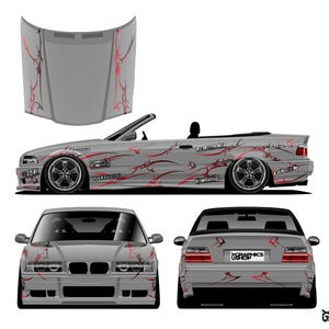 Pode incluir: Uma ilustração de um carro descapotável cinzento com decalques gráficos vermelhos de estilo tribal no capô, laterais, para-choques dianteiro e bagageira. O design inclui vários logótipos pequenos e o texto Graphics UShop na matrícula.