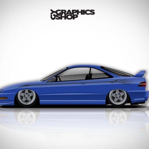 May include: A blue two-door coupe car illustration with a low profile, five-spoke silver wheels, and a rear spoiler. The side features a black flame graphic decal. The text "GRAPHICS U SHOP" appears in black at the top centre of the image.