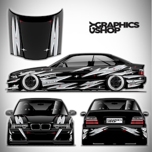 May include: A black car decal set featuring white jagged lightning-like patterns and small red star accents. The design includes a hood wrap, side panels, and front and rear bumper graphics. The text Graphics Ushop is visible on the rear.