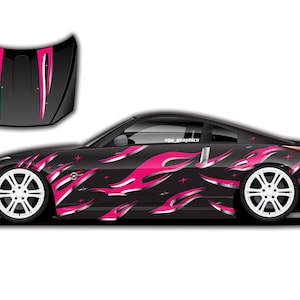 May include: A black car with a pink and silver flame design wrap. The car has white wheels and a black bonnet with pink accents.
