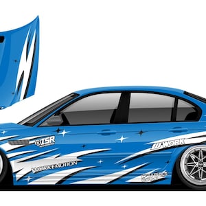 May include: A blue sedan with a custom white graphic wrap featuring star accents and various brand logos including GReddy, ISR, Work, and Stage Wheels. The vehicle has lowered suspension, silver multi-spoke wheels, and a matching blue hood.