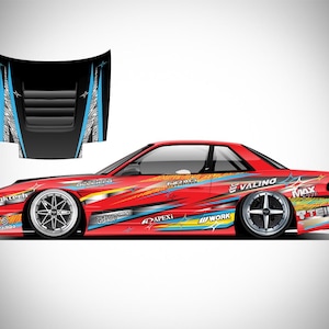 May include: A red drift car featuring a low-profile stance, silver multi-spoke wheels, and various automotive brand decals along the side. Above the car, a separate black hood design is displayed with blue and white geometric graphic accents.