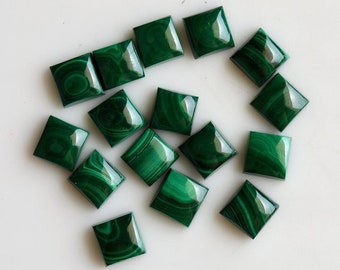 Natural Green Malachite Square Shape 3mm to 15mm Malachite Smooth Cabochon Gemstone for Jewelry Making, Back Flat Calibrated Sizes Gemstone