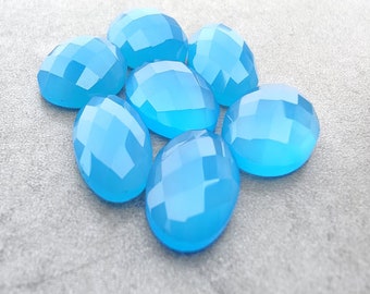 Natural Blue Chalcedony Oval shape Gemstone, Checker Cut for making beautiful jewelry, Chalcedony Handmade Loose Gemstone, Quality gemstone