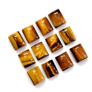 May include: Twelve rectangular tiger's eye gemstones with a golden brown color and a shimmering effect.