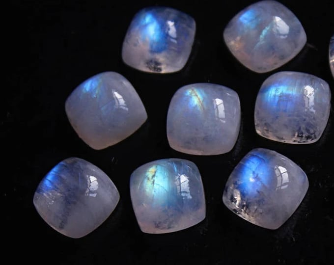 Featured listing image: Natural Rainbow Moonstone Cushion Cabochon 3mm calibrated White Gemstone, Blue Fire Moonstone , Rainbow Moonstone top Quality cushion cut