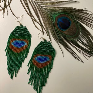 Peacock Feather Seed Bead Earrings
