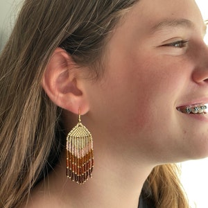 Pink Brown and Gold Chevron Seed Bead Earrings