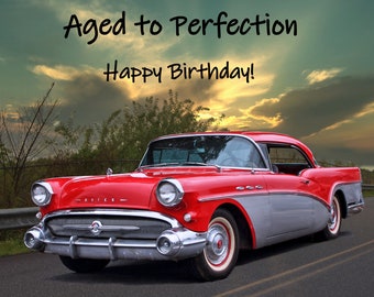 May include: A red and white classic car with the text "Aged to Perfection" and "Happy Birthday!" on a cloudy sky background.