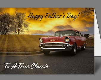 May include: A red classic car with a sunset background and the text "Happy Father's Day! To A True Classic".