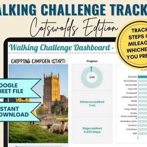 Cotswolds Walking Challenge Spreadsheet, Daily Step Goal Tracker, 2000 Miles Challenge, Walking Fitness Challenge, Workout Tracker
