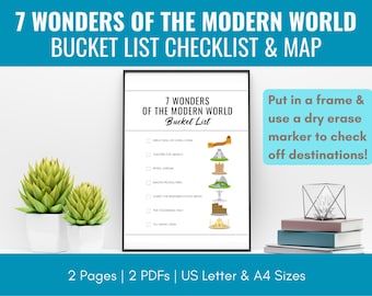 7 Wonders of the Modern World Bucket Checklist & Map, Printable Wonders of the World Travel Map, Minimalist Travel Tracker, US Letter, A4