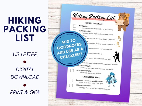 Hiking Packing List PDF Printable Hiking Trip Packing Checklist