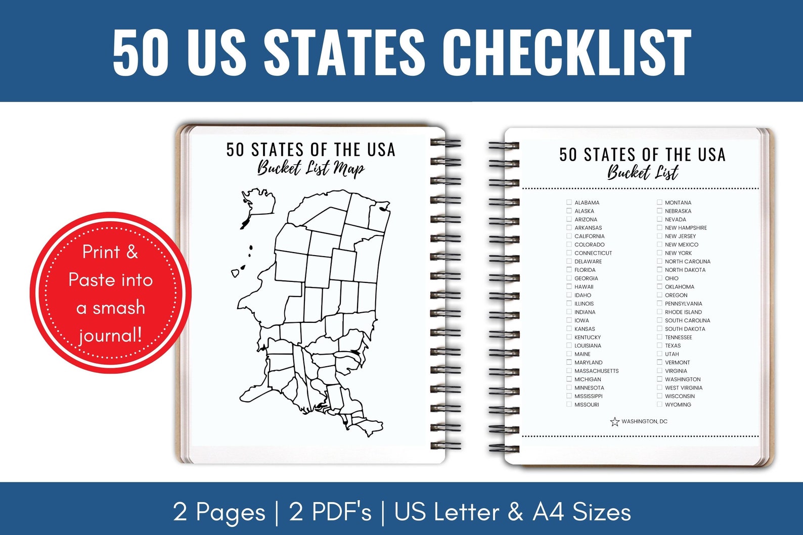 50 United States Bucket List and Map PRINTABLE, 50 States Checklist