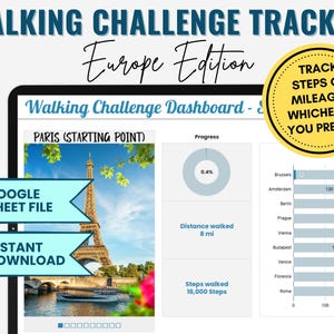 May include: Digital walking challenge tracker with a European theme. The dashboard displays progress, distance walked (8 mi), and steps taken (16,000 steps). Includes a Google Sheet file and instant download. The Eiffel Tower is featured.