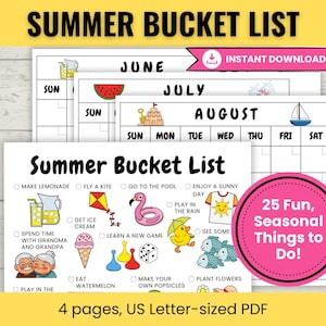 Summer Bucket List for Kids, Colorful Summer Checklist, Summer Break Family Fun Tracker, Summer Activities, US Letter, A4