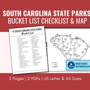 Lista de verificação e mapa da lista de parques estaduais de SC, mapa de viagens de parques para impressão, rastreador de viagens de parques minimalistas, preto e branco, carta dos EUA, A4