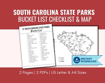 SC State Parks Bucket List Checklist & Map, Printable Parks Travel Map, Minimalist Parks Travel Tracker, Black and White, US Letter, A4
