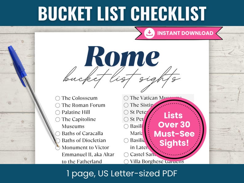 Sample Roma Checklists Rome Bucket List Checklist, Printable Sightseeing Travel Tracker, City ...