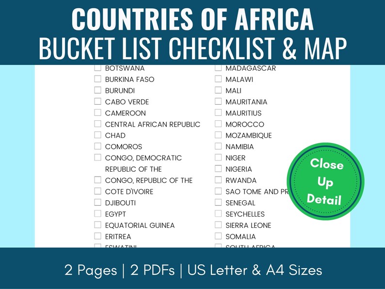 Africa Bucket Checklist & Map Printable African Countries Etsy