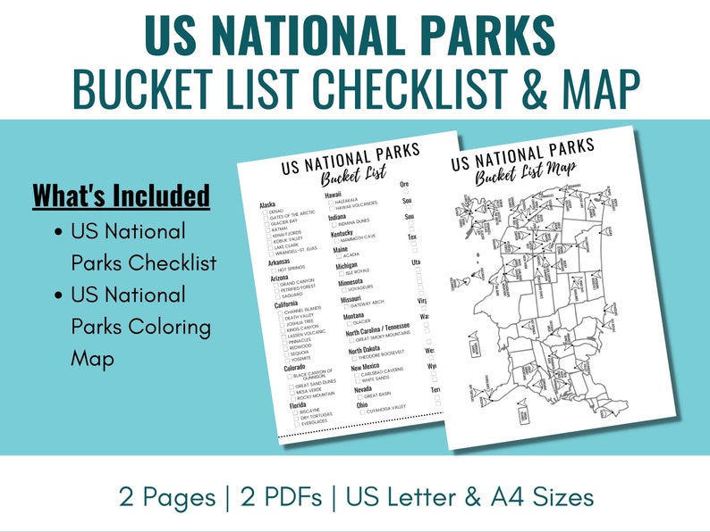 US National Parks Bucket List and Map PRINTABLE 63 Parks image 2