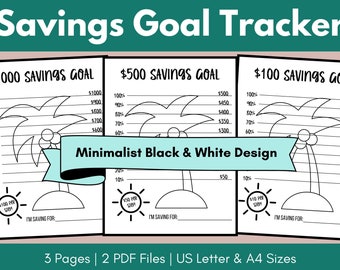 Palm Tree Travel Savings Goal Tracker Sheet Printable; 100, 500, and 1k Savings Goal; Minimalist Coloring Page Money Goal Chart