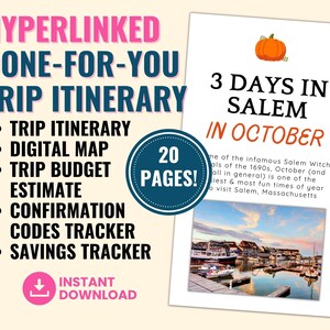 3 Days Salem in October Done-For-You Travel Itinerary pdf, Map, and Budget Spreadsheet; DFY Vacation Itinerary; Complete Trip: Book and Go!